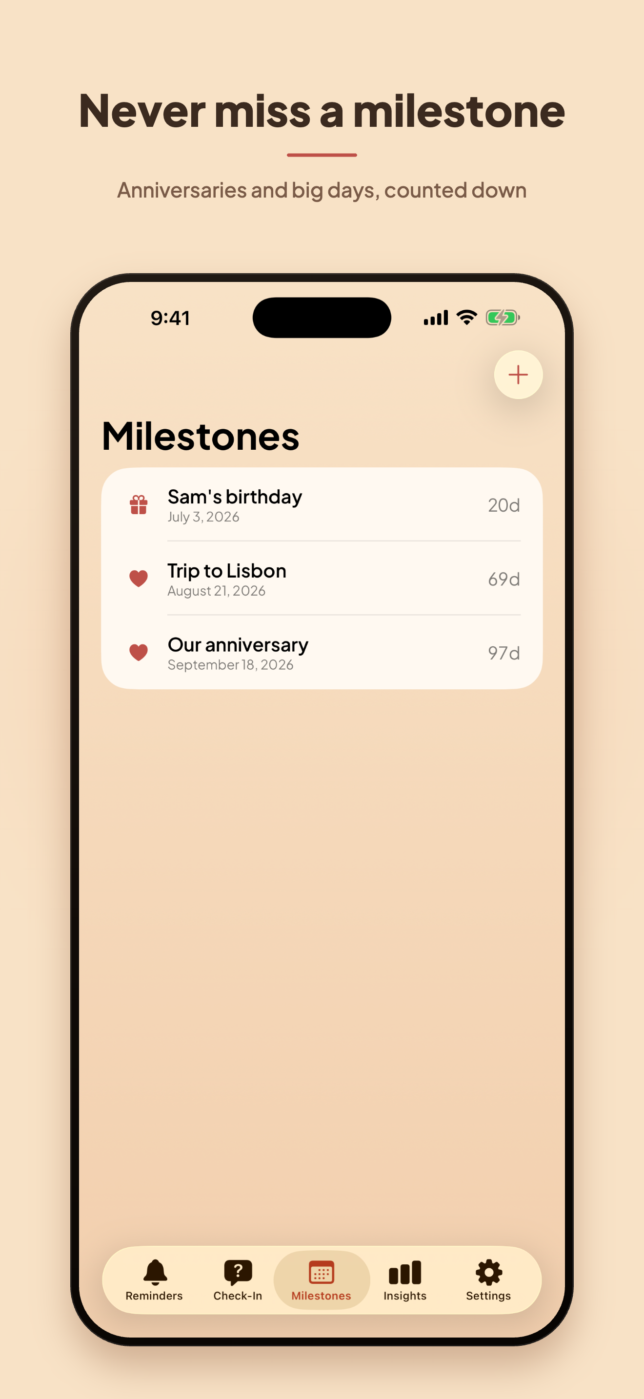 Milestones — anniversaries and firsts on one shared timeline