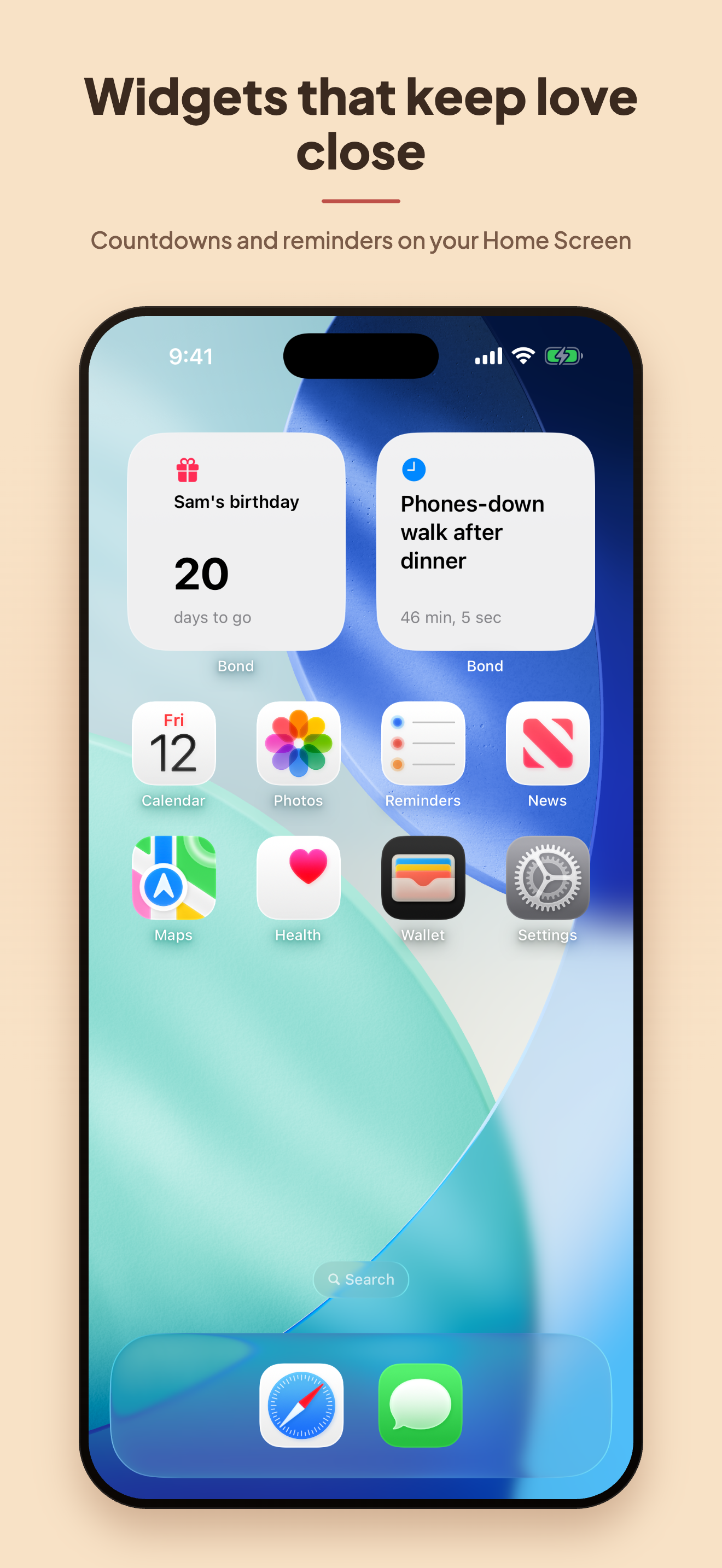 Widgets — next reminder and milestone countdown on your home screen