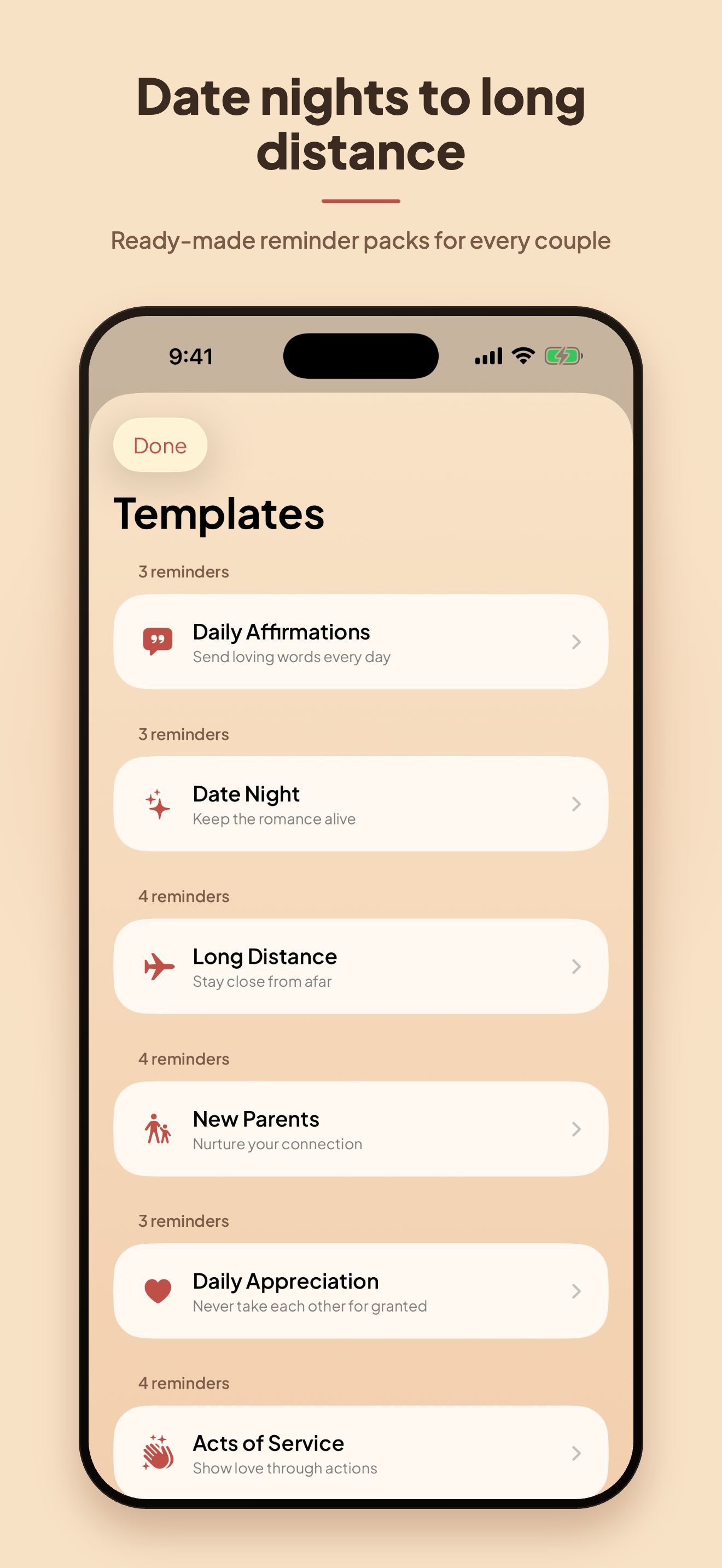 Templates — curated reminders for date nights, long distance, and more