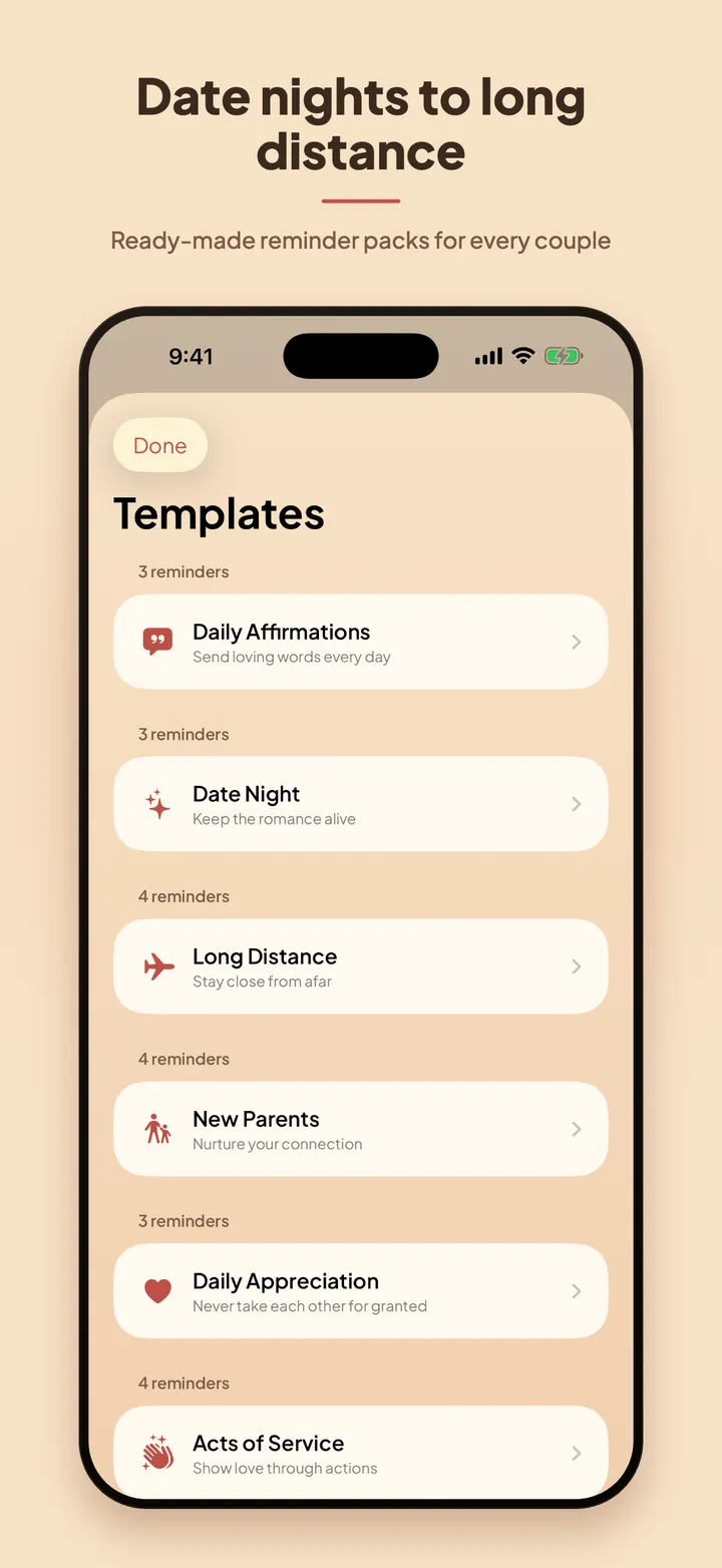 Templates: curated reminders for date nights, long distance, and more