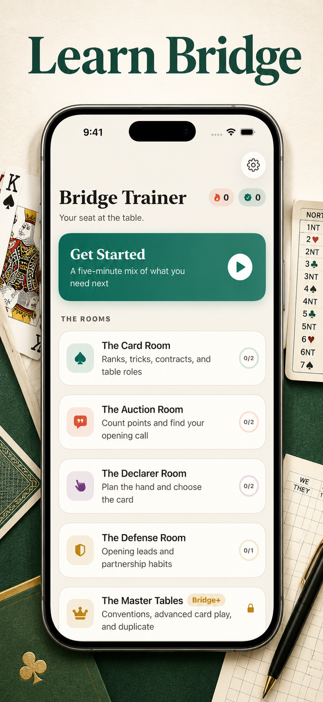 Practice, not pressure. &mdash; The four bridge practice rooms on the home screen