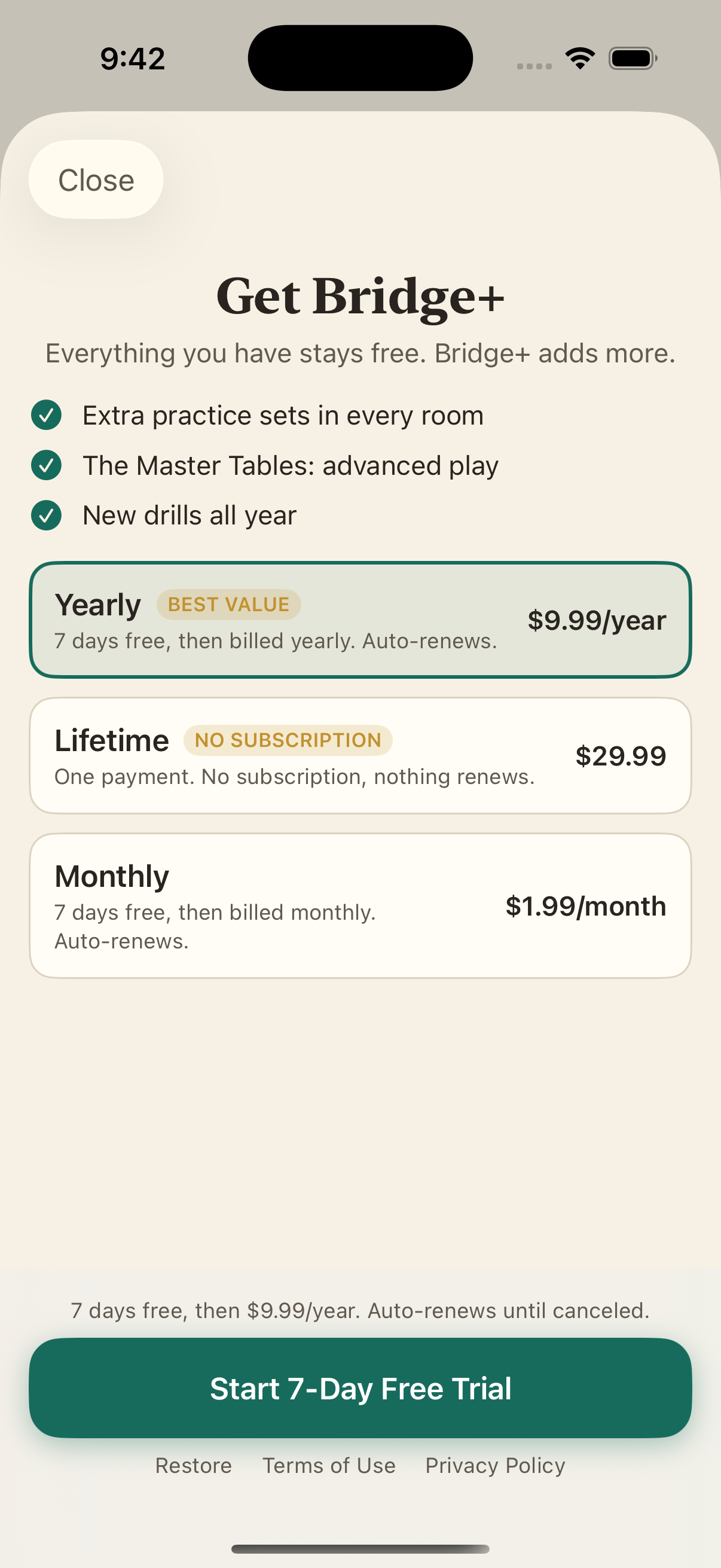Bridge Trainer membership screen
