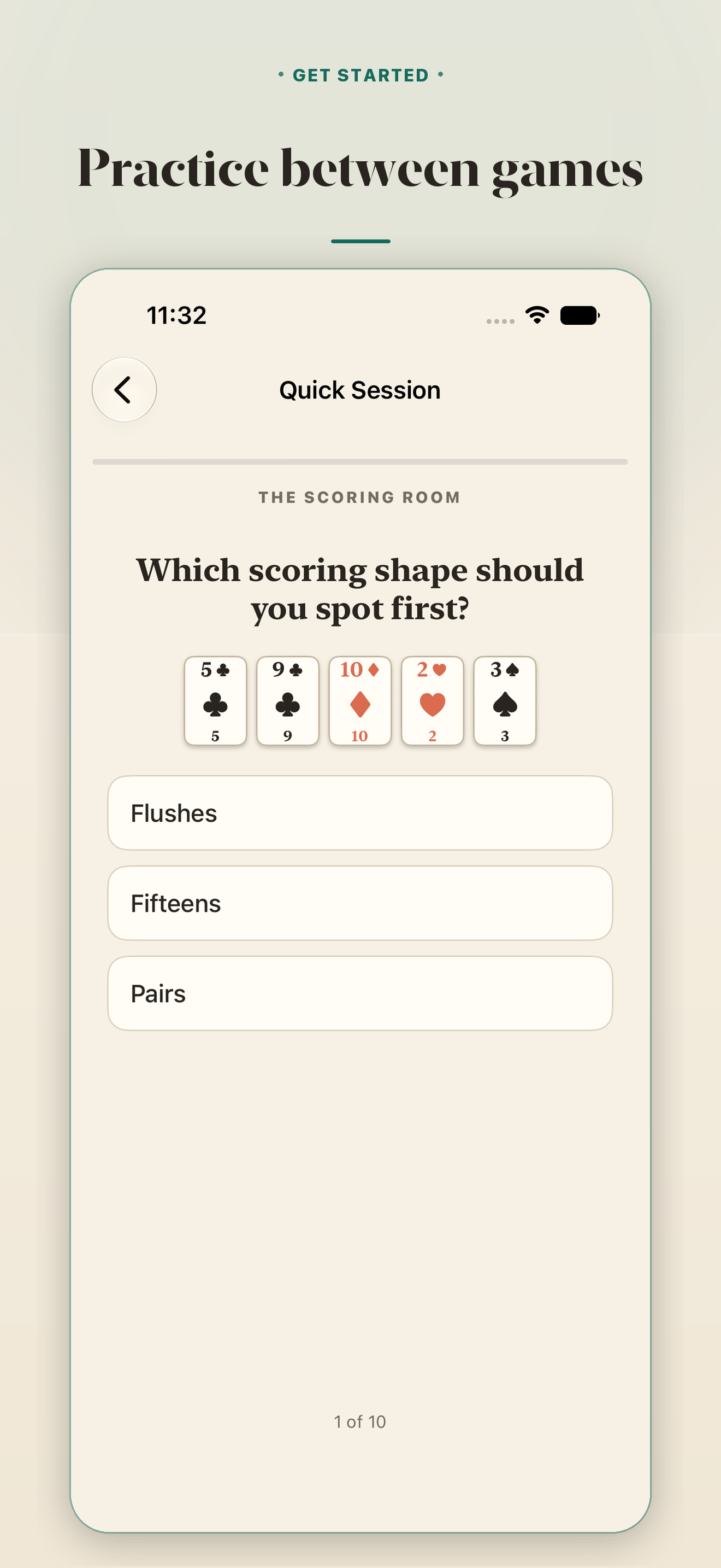 Five-minute reps. &middot; A quick cribbage practice session in progress