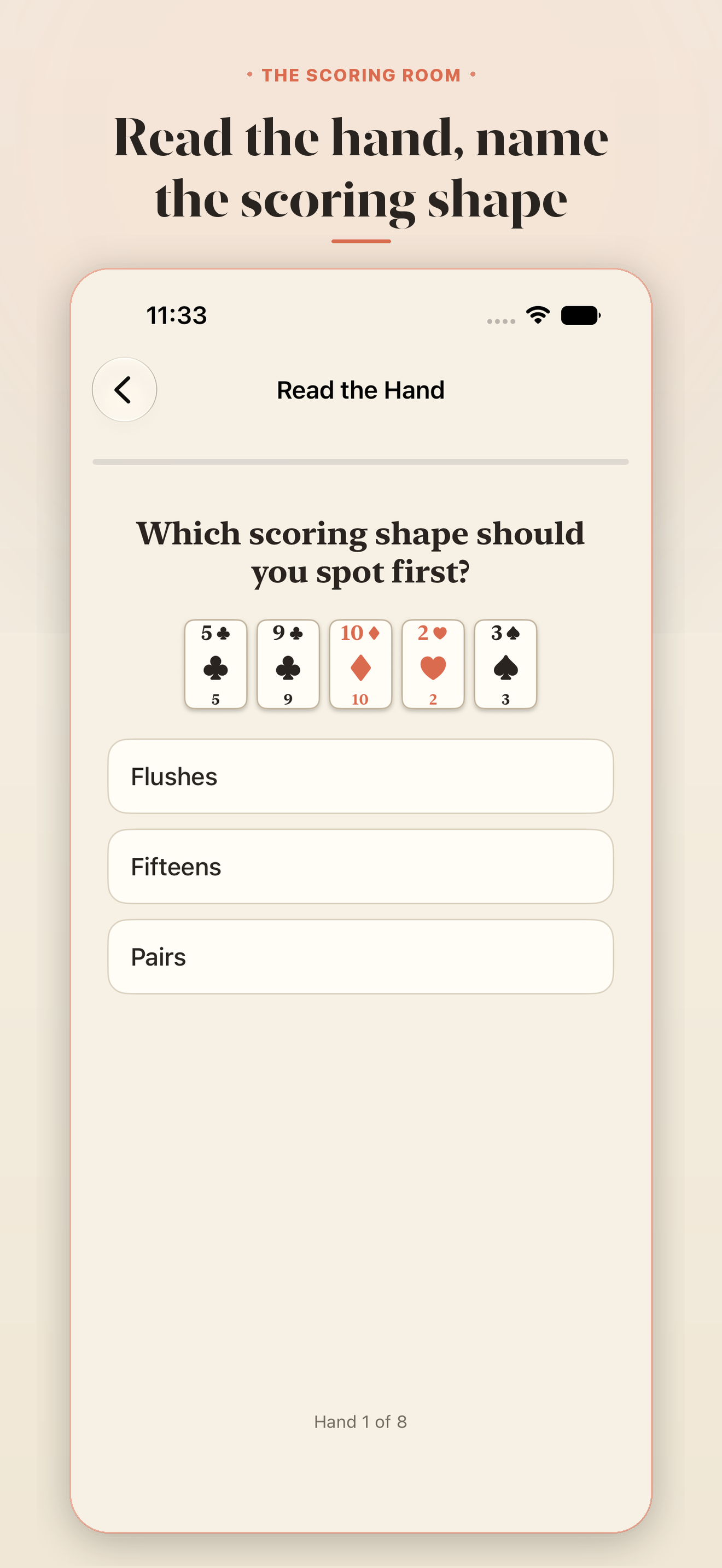 Read the hand. &middot; Matching five cards to the scoring shape they show