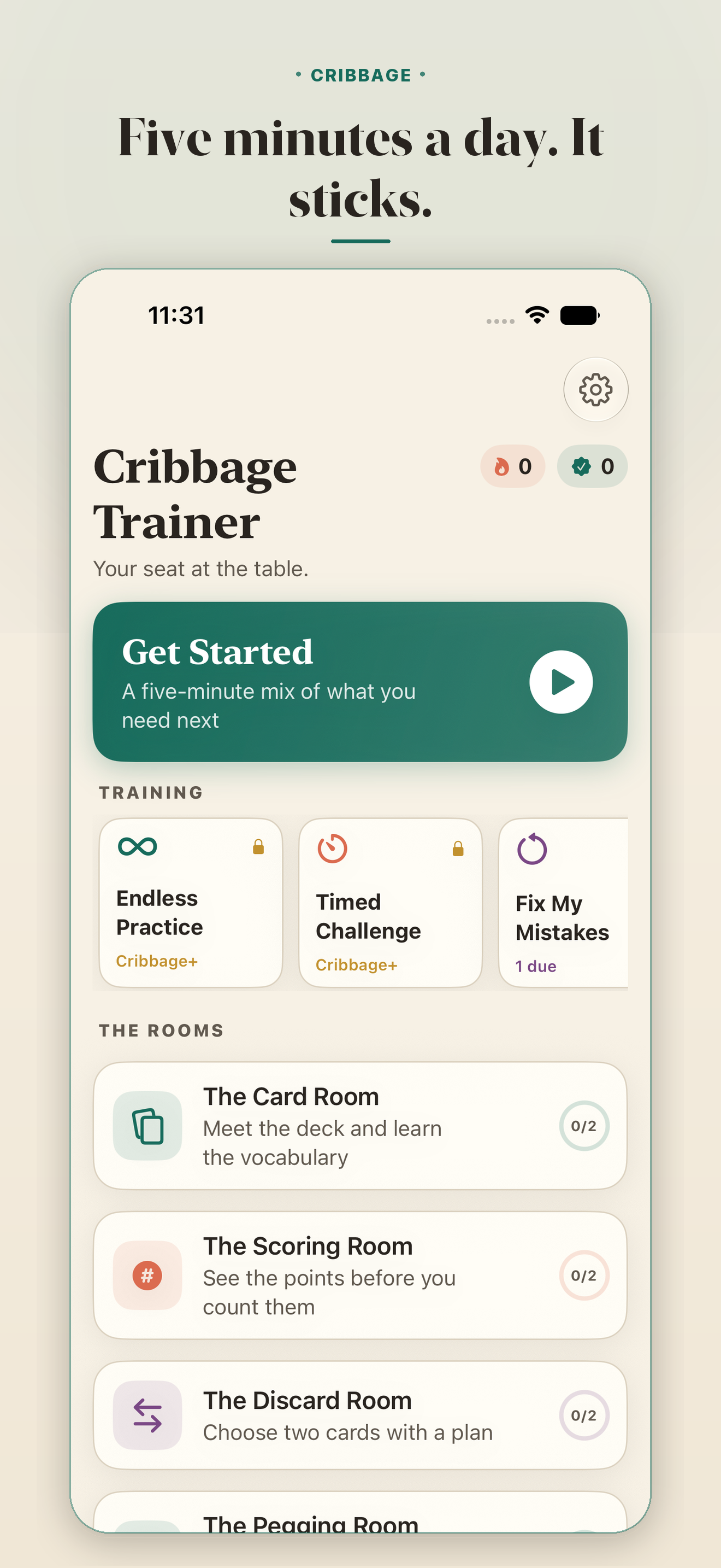 Four practice rooms. &middot; The Cribbage Trainer home screen and streak