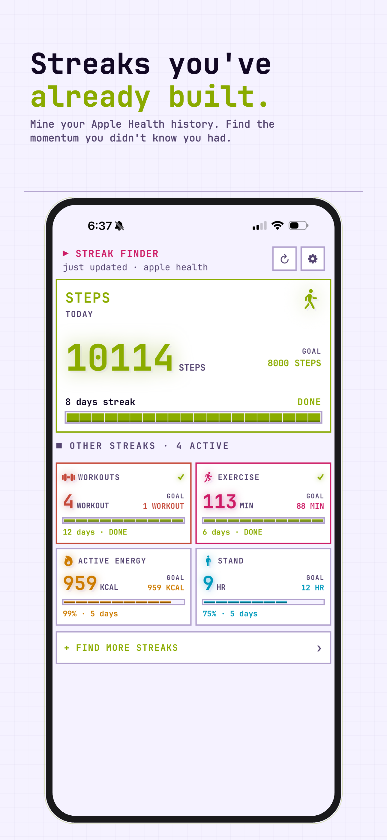 Streak Finder home screen with hero streak and daily steps