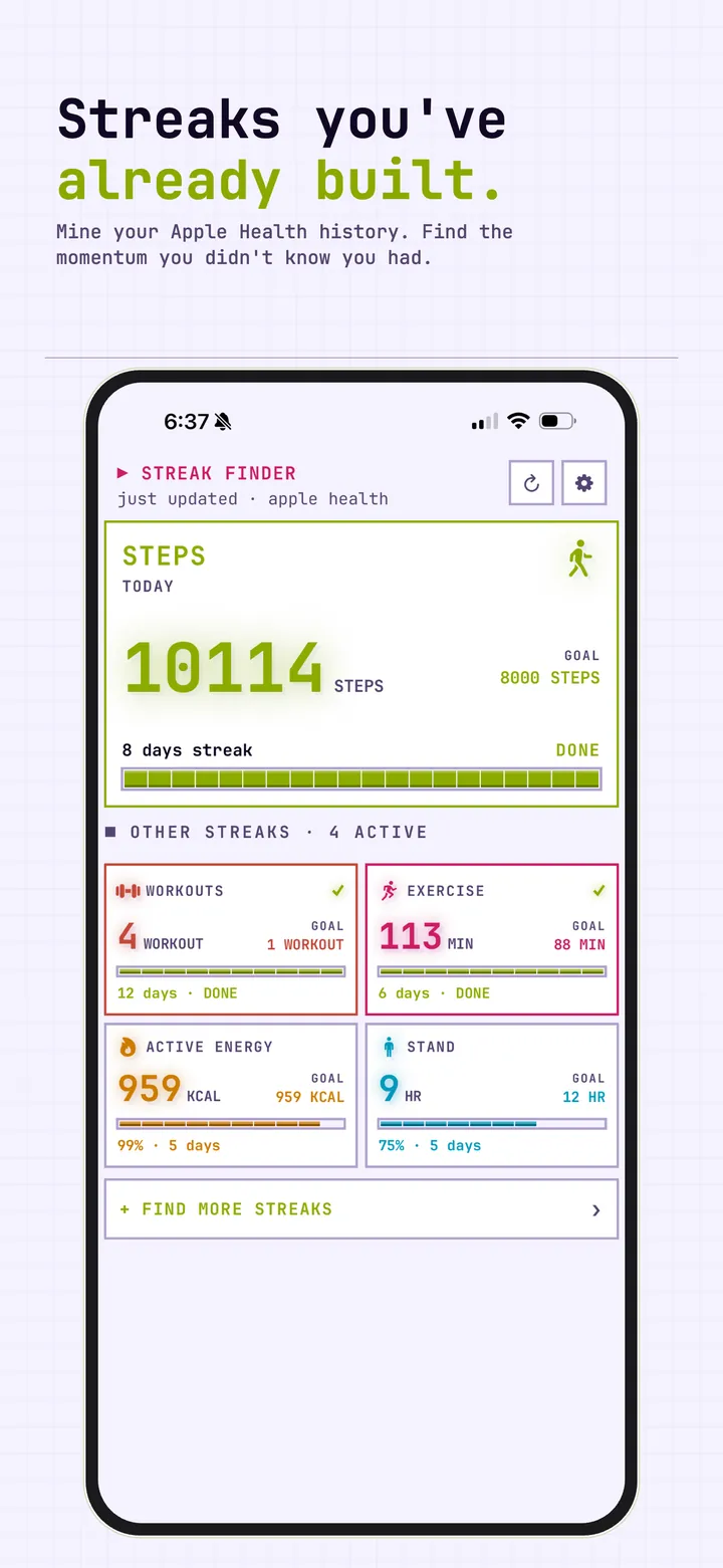 Your streaks, found. Hero streak and daily steps on the home screen