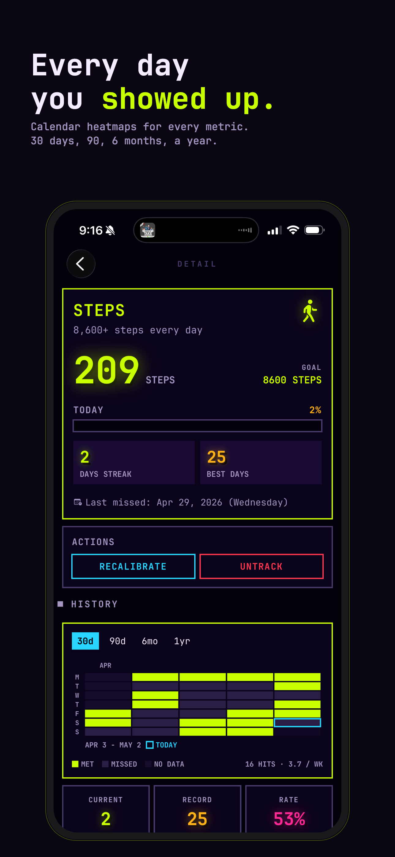 Streak Finder streak detail with calendar heatmap