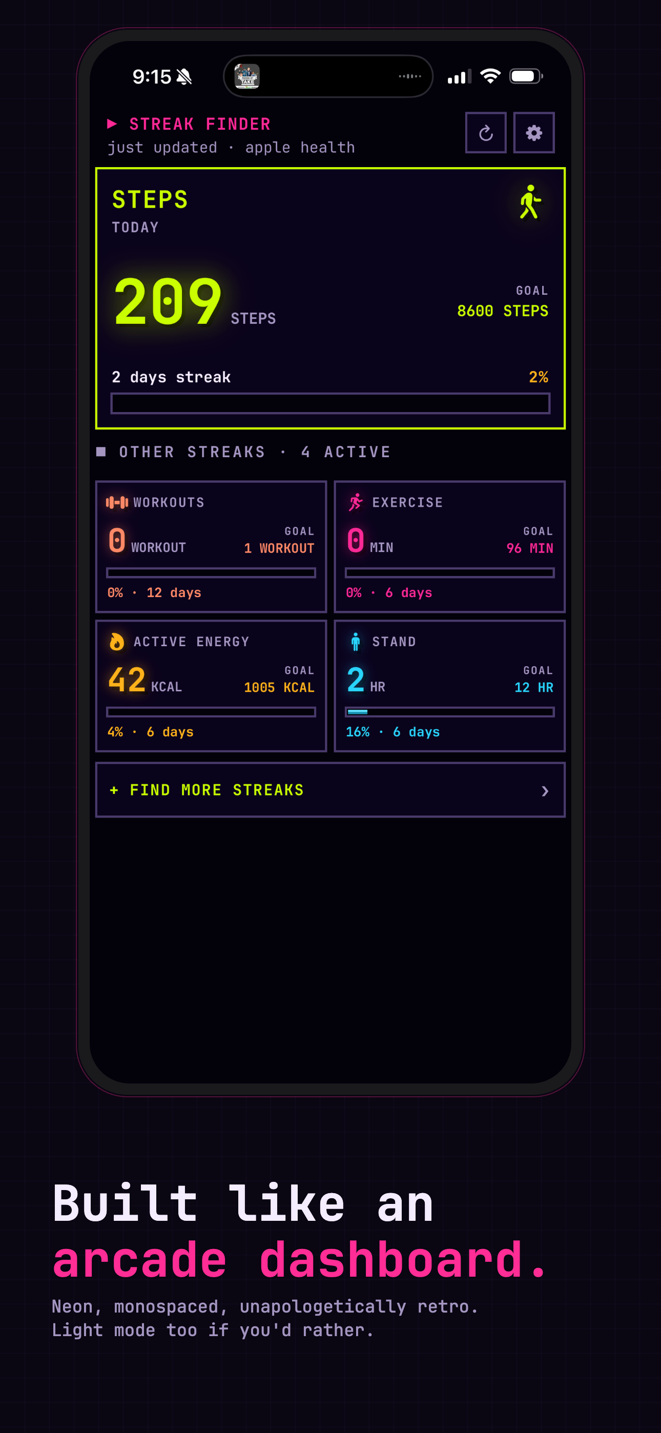 Streak Finder home screen in dark mode