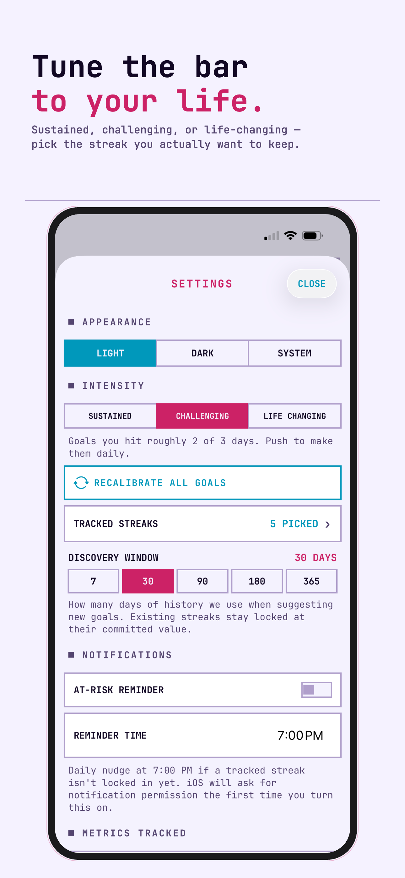 Streak Finder settings to adjust streak thresholds