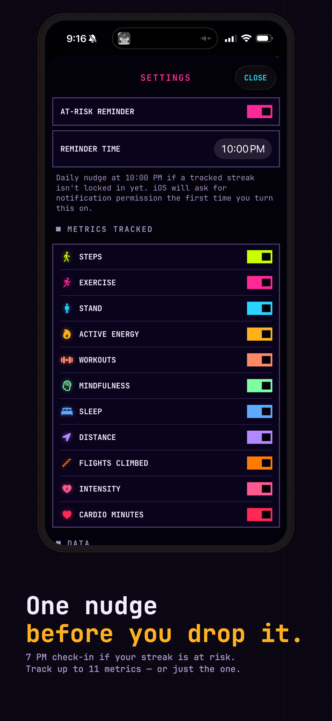 Streak Finder reminders and metric configuration