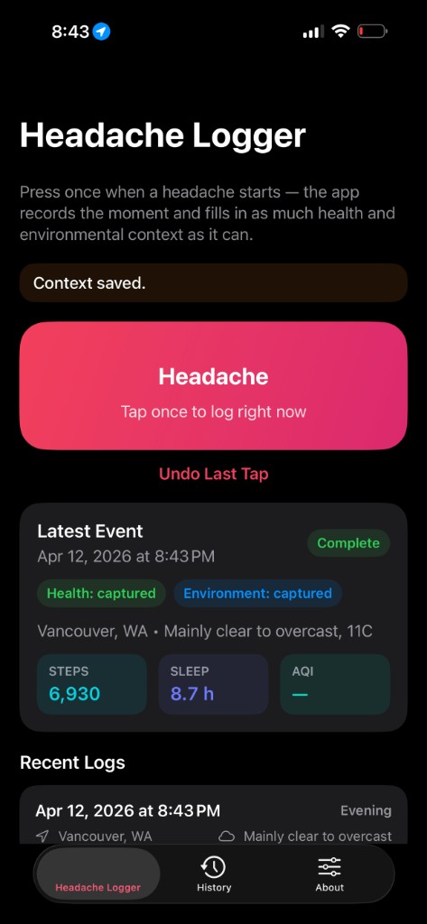 Headache Logger on iPhone: main screen with Log headache button, latest event summary, and recent logs.
