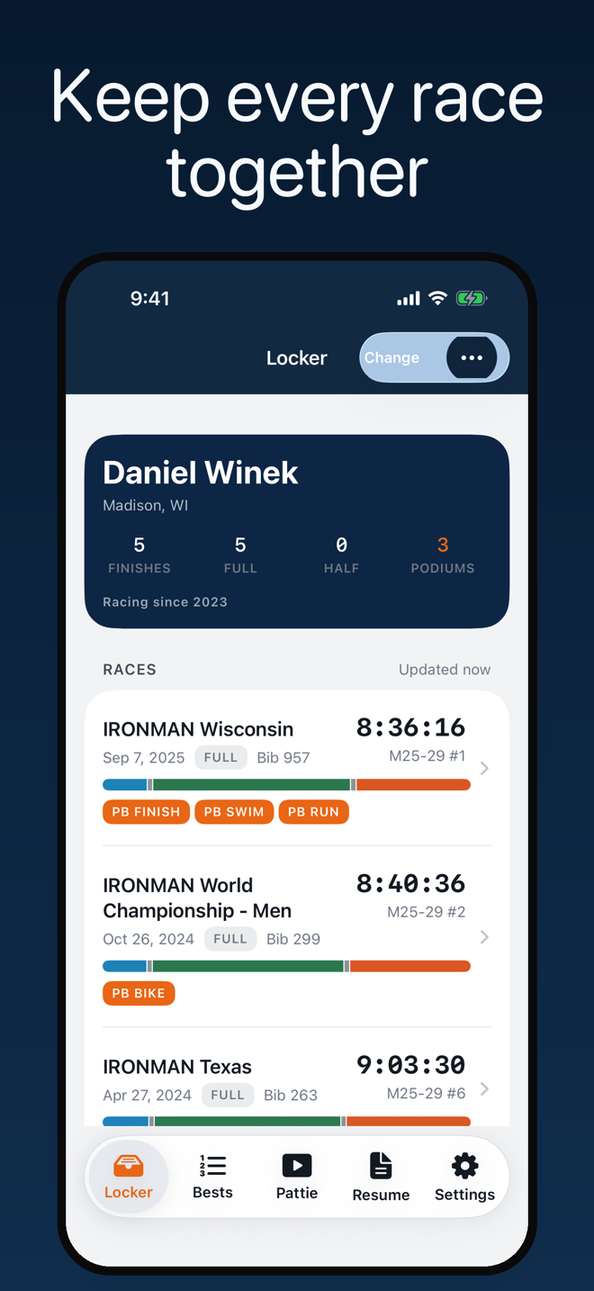 The locker listing a full career of races with bibs, times and places