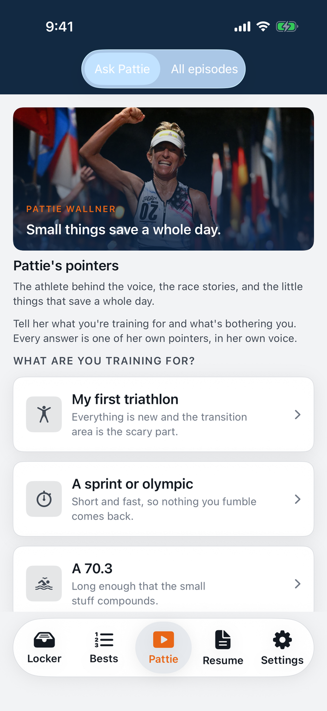 The Ask Pattie screen, choosing the race you are training for