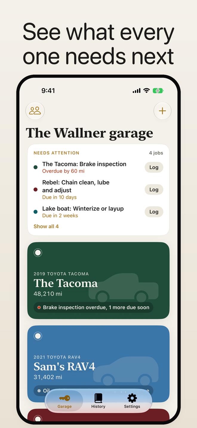 Garage screen with vehicle key tags and jobs that need attention
