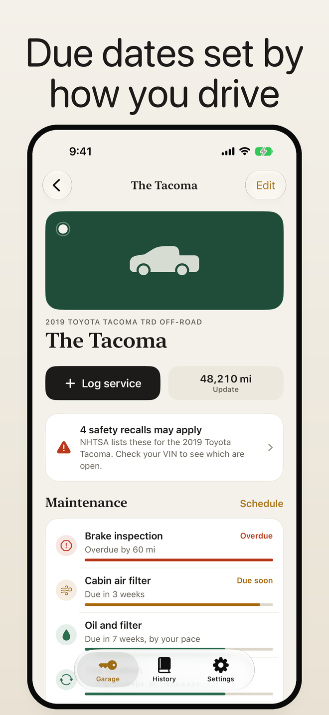 Vehicle page with recalls and maintenance schedule