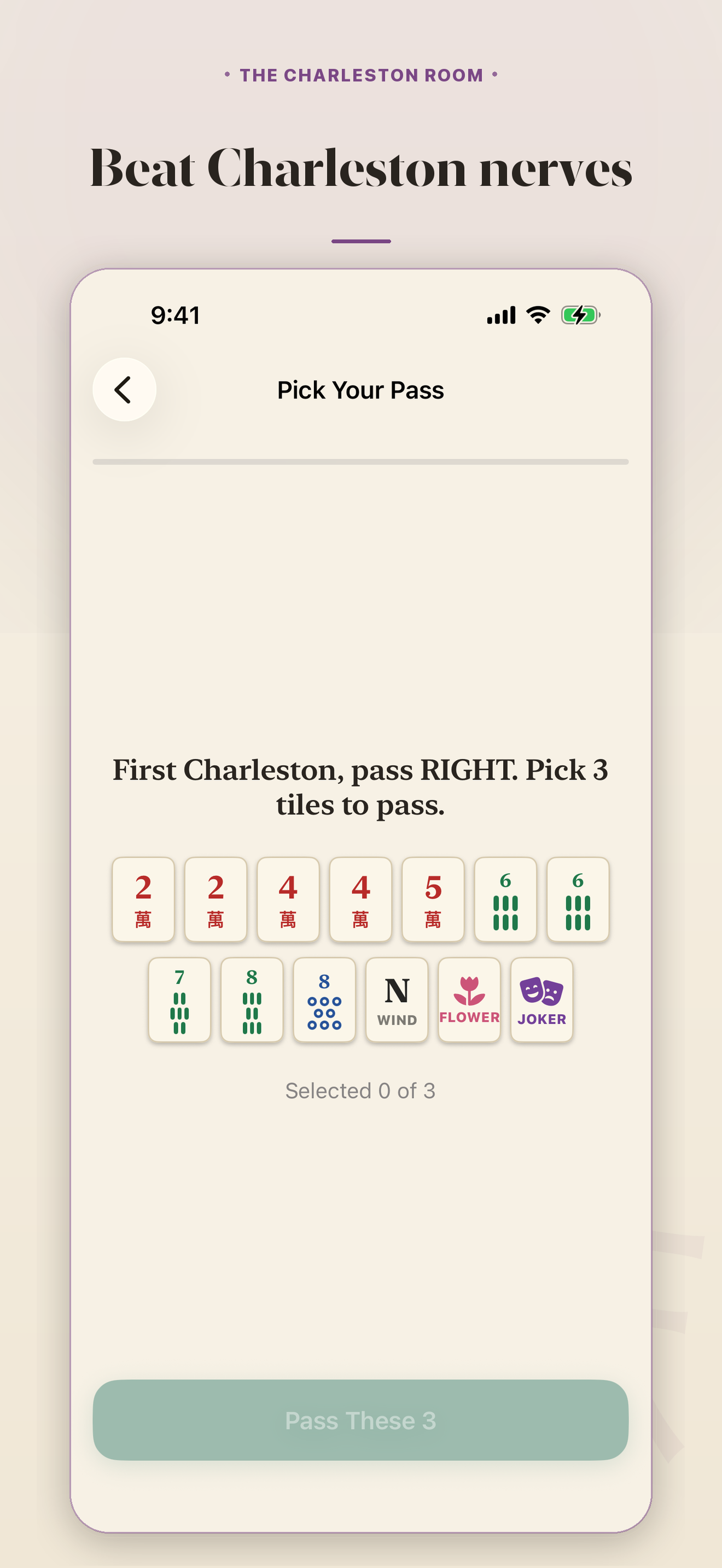 The Charleston, calmly: picking three tiles to pass on a real deal
