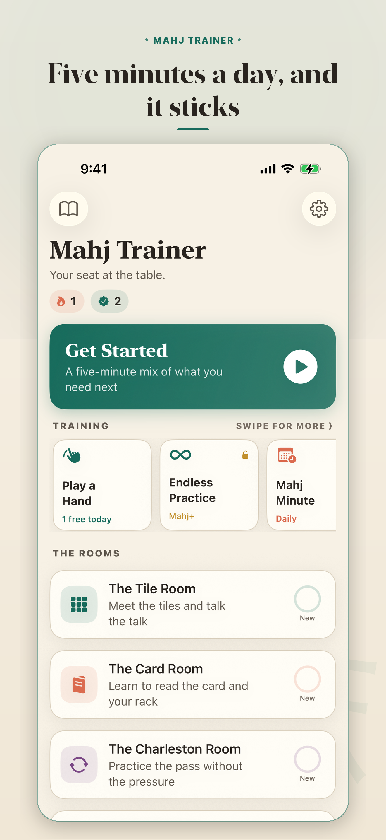 Four practice rooms: the Mahj Trainer home screen and streak