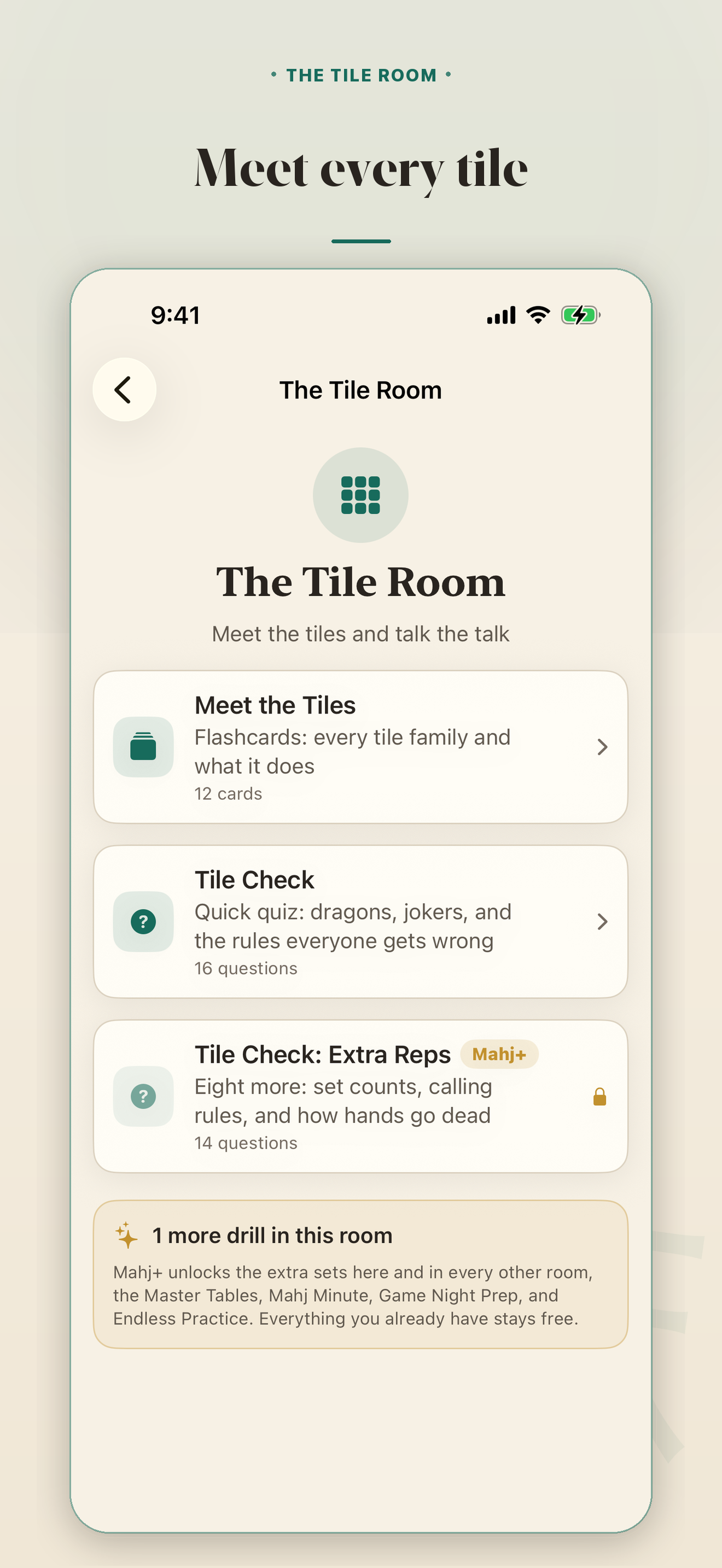 Every tile family: the Tile Room covering craks, bams, dots, winds, dragons, flowers, and jokers