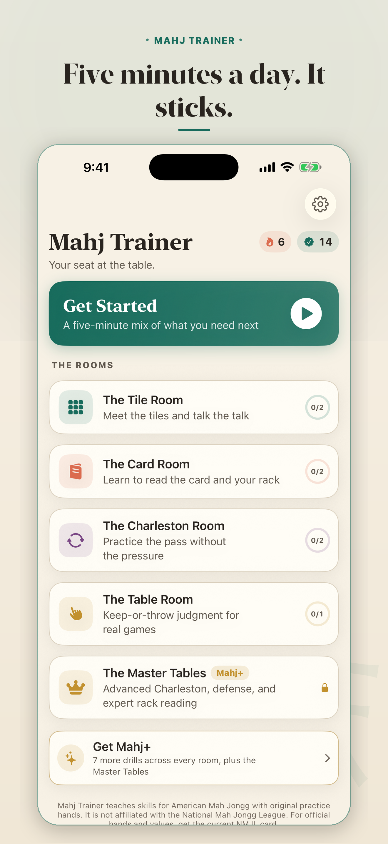 Mahj Trainer home screen
