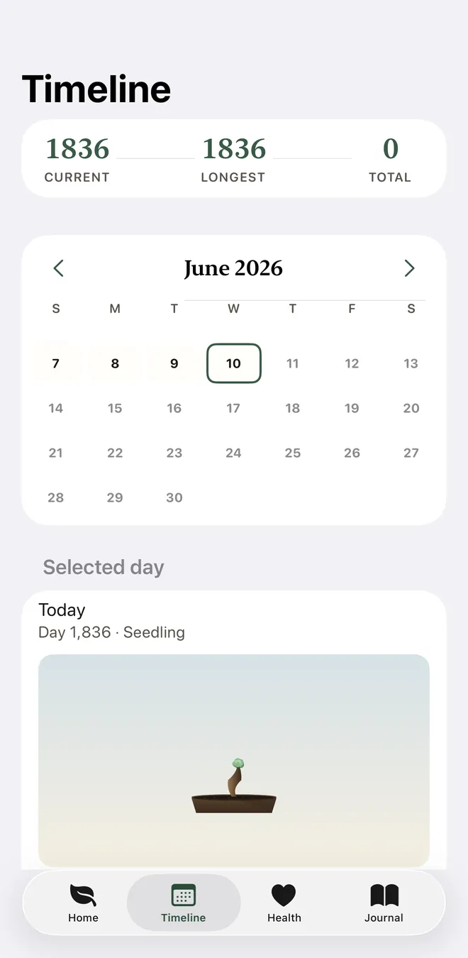 Nicotine-free calendar: color-coded days with current and longest streaks