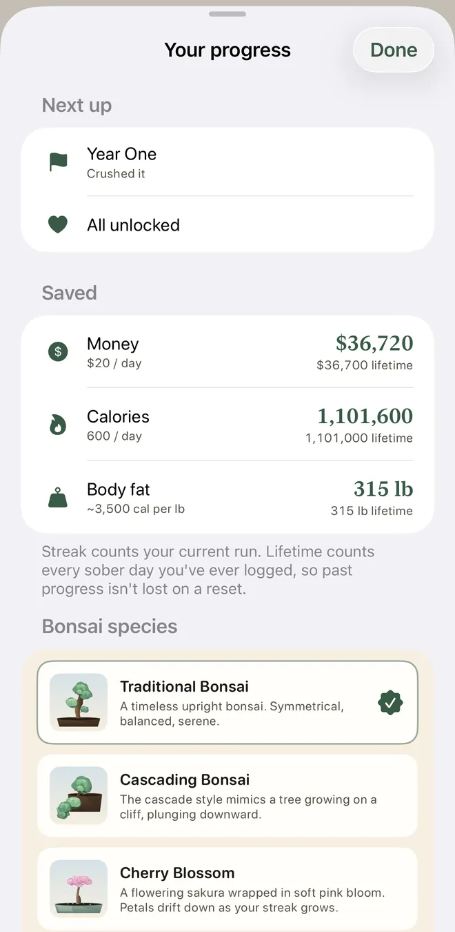 Progress saved: money, pouches, and nicotine avoided over your journey