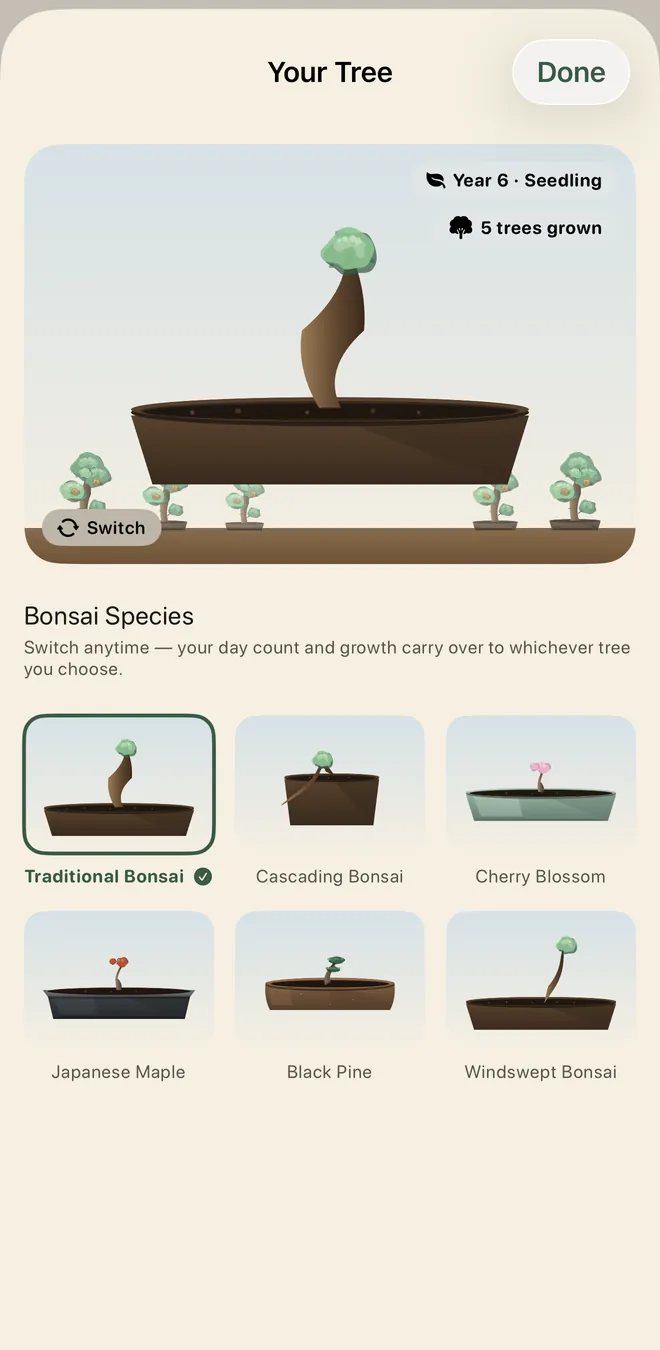 Bonsai species: choose from six tree styles as your streak grows