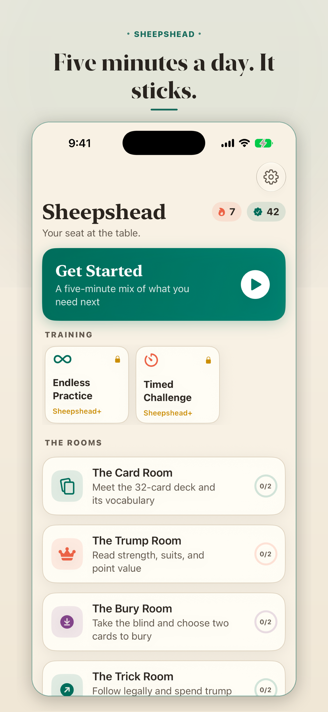 Four practice rooms. &middot; The Sheepshead Trainer home screen and streak