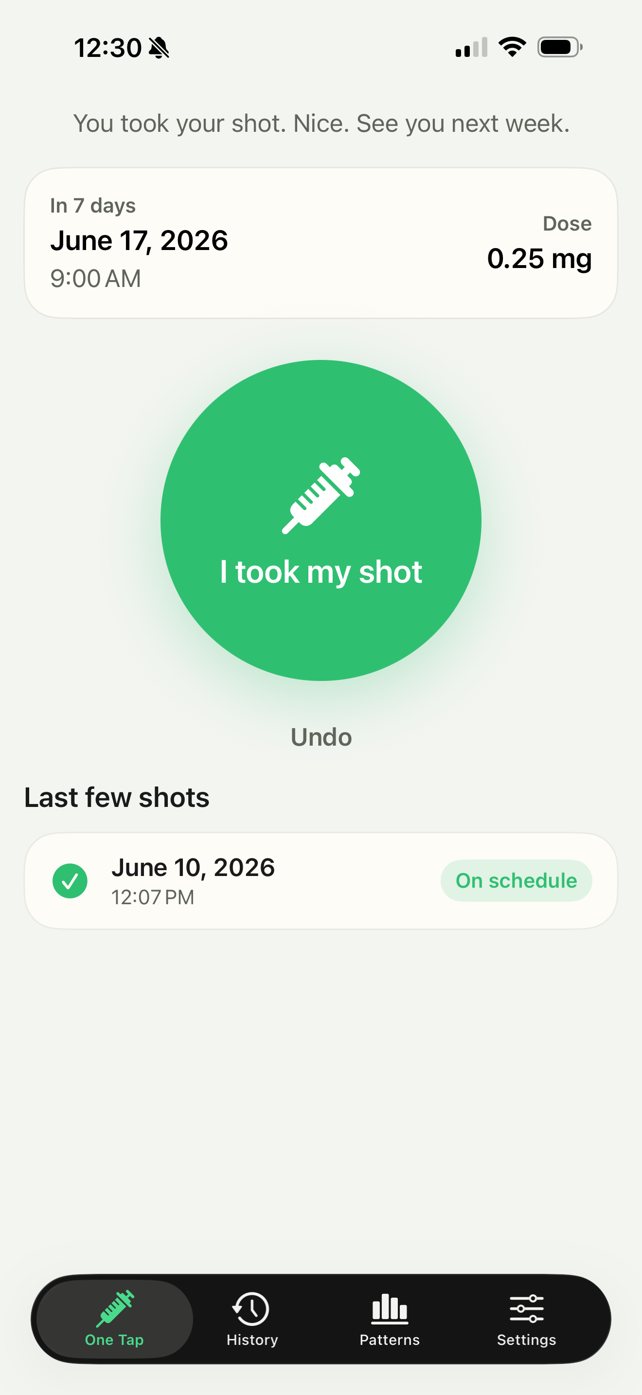 One tap to log your shot — the big shot button on the home screen