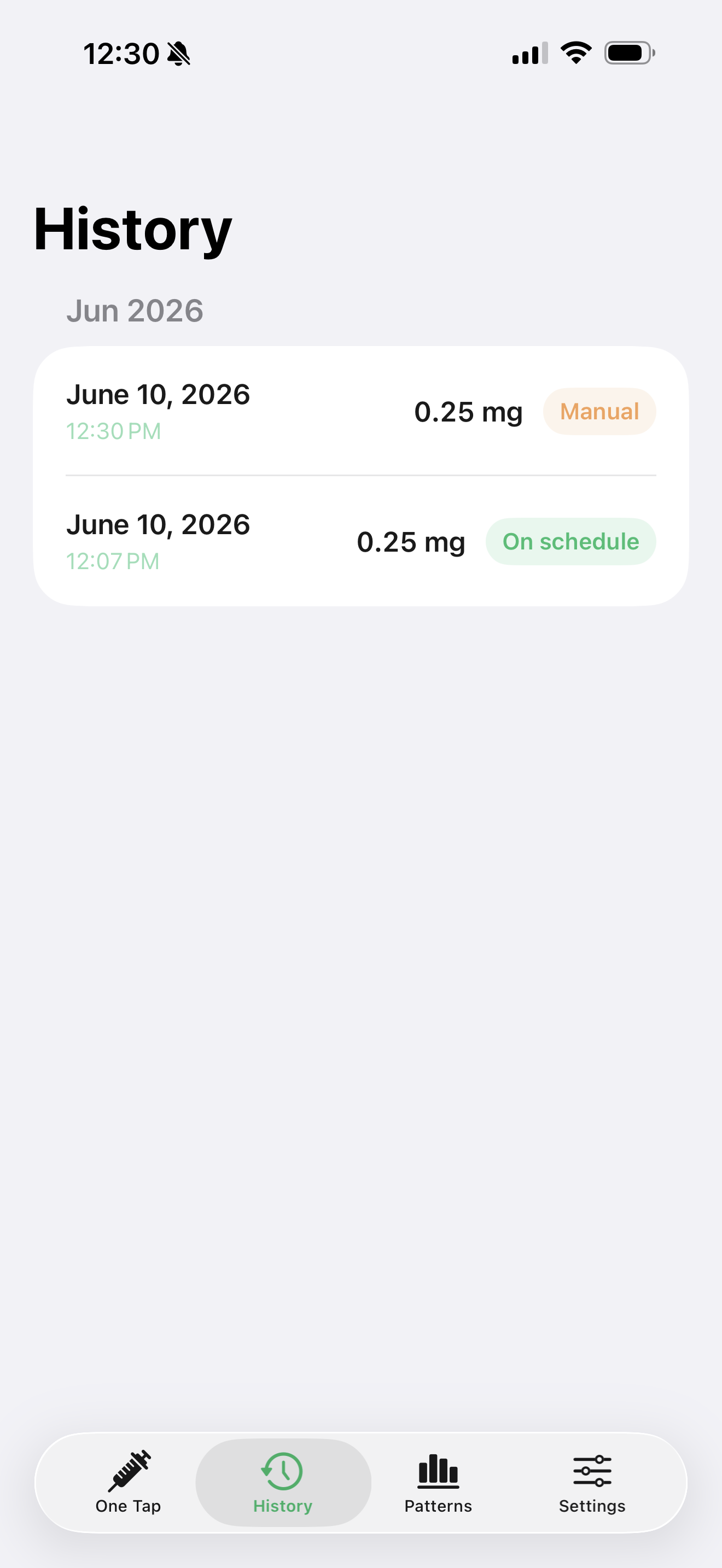 History — every shot with dose, time, and schedule status