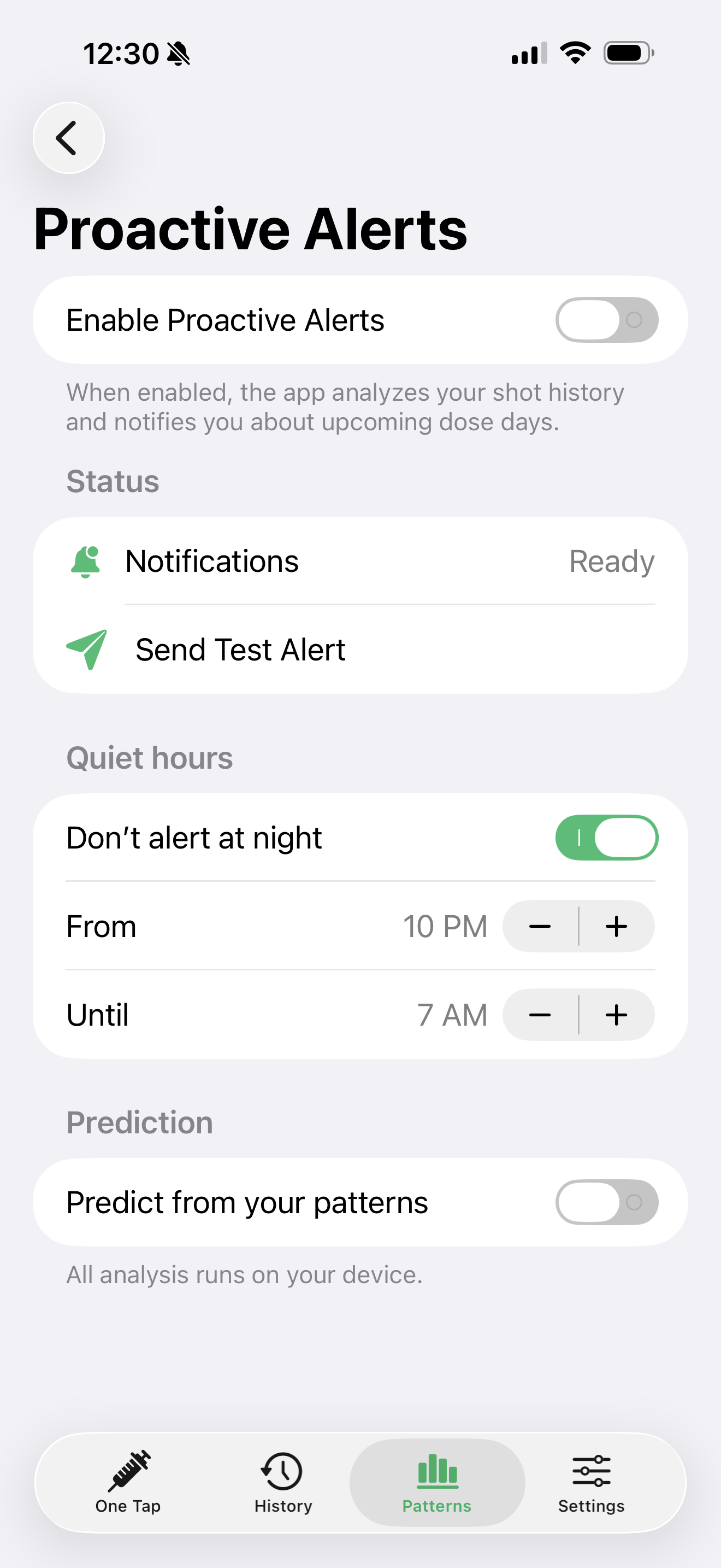 Proactive Alerts — pattern-based dose-day nudges with quiet hours