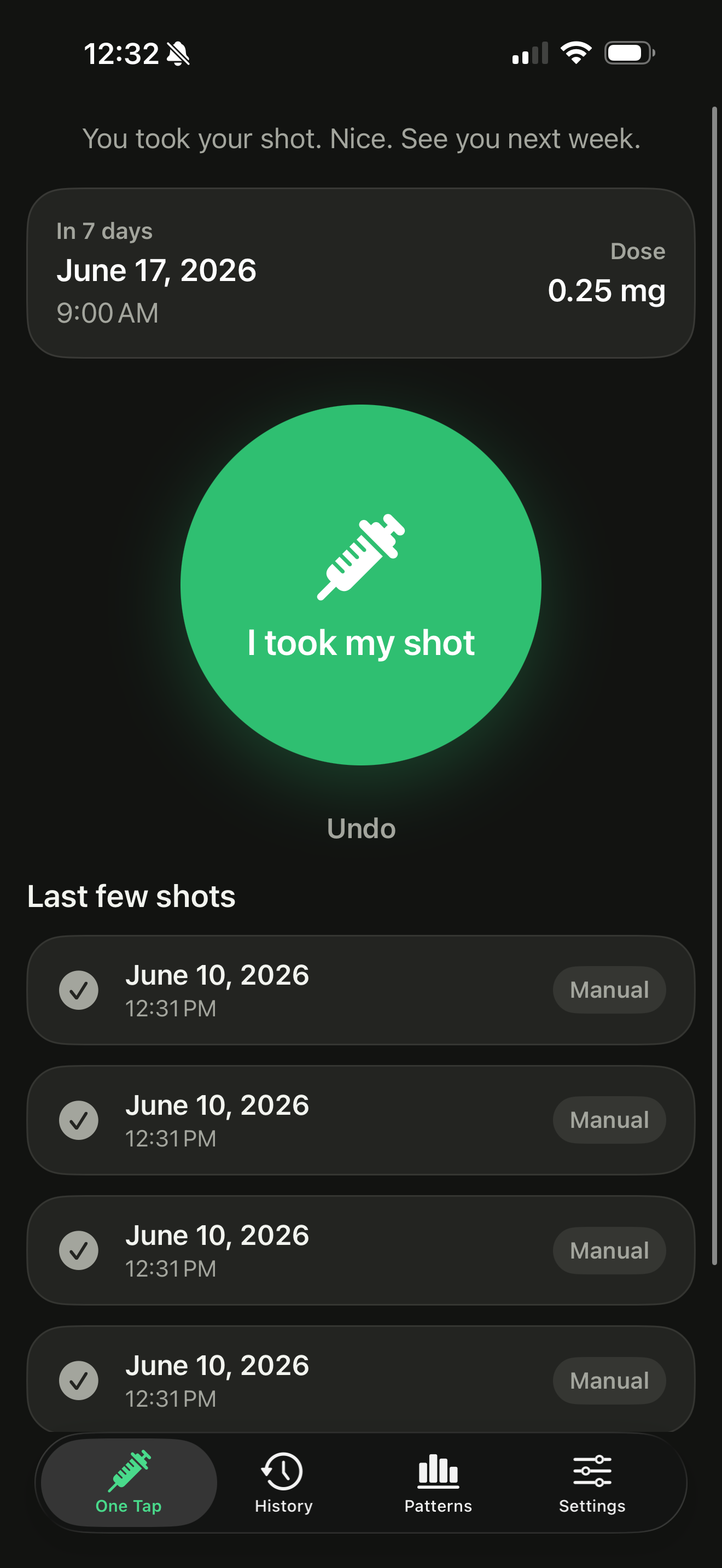 Dark mode — the same one-tap home screen at night