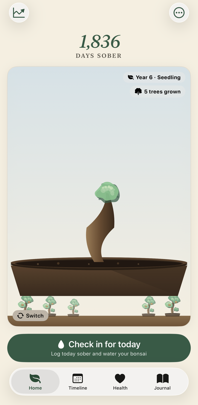 Day counter — 1,836 days sober with your growing bonsai grove