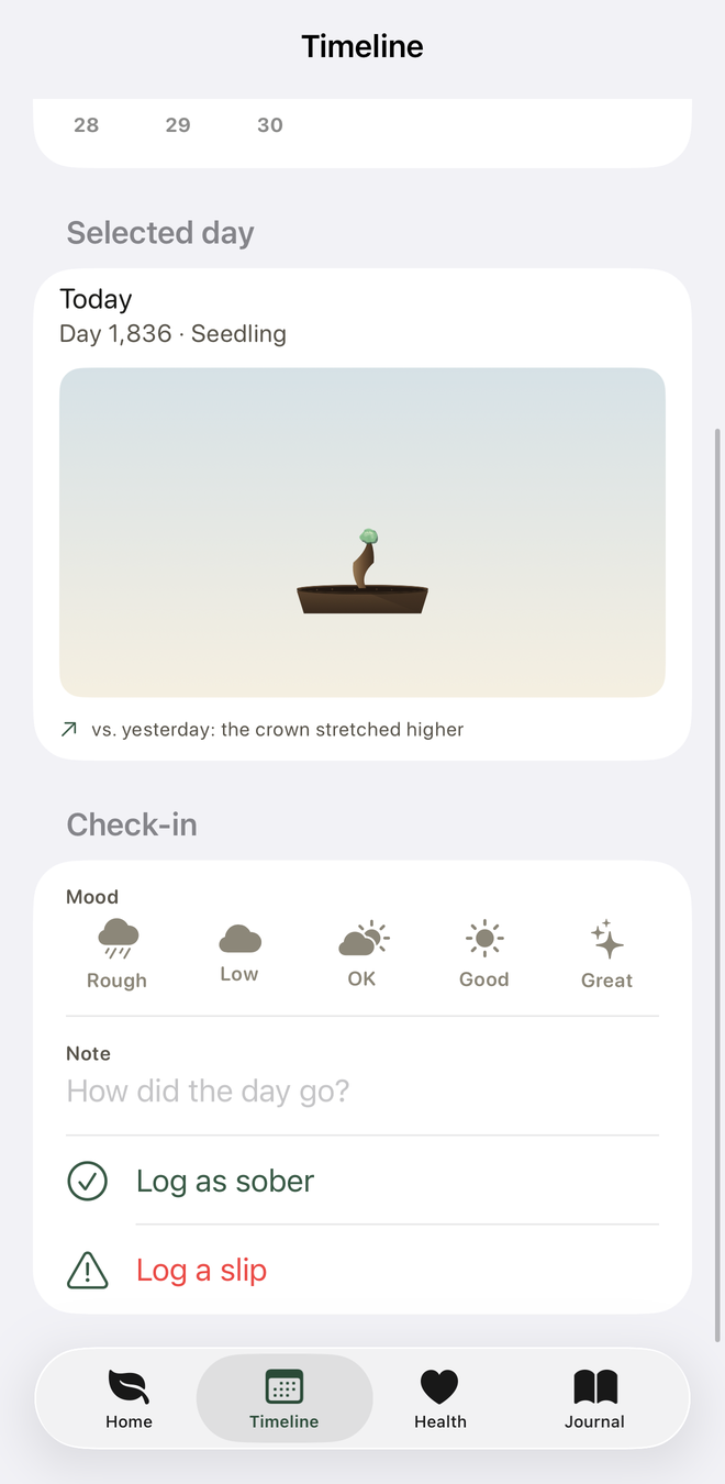 Daily check-in — log your mood, add a note, and water your bonsai