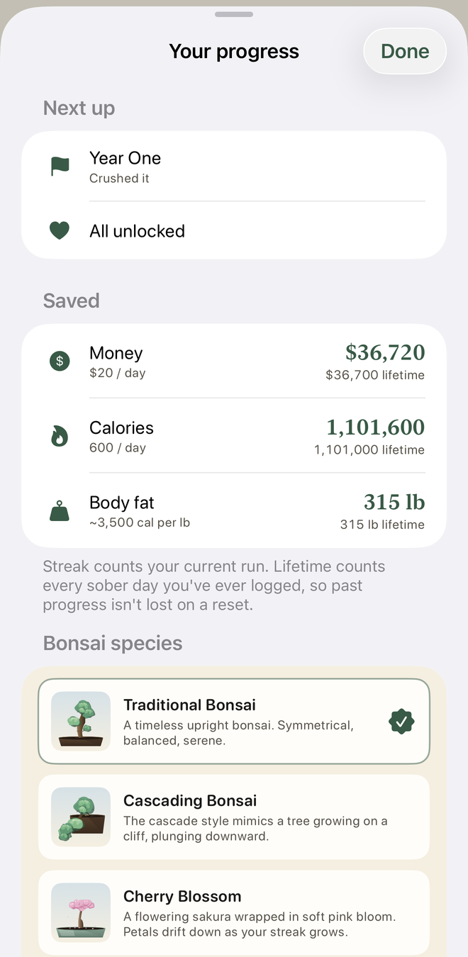 Progress saved — money, calories, and body fat saved over your journey