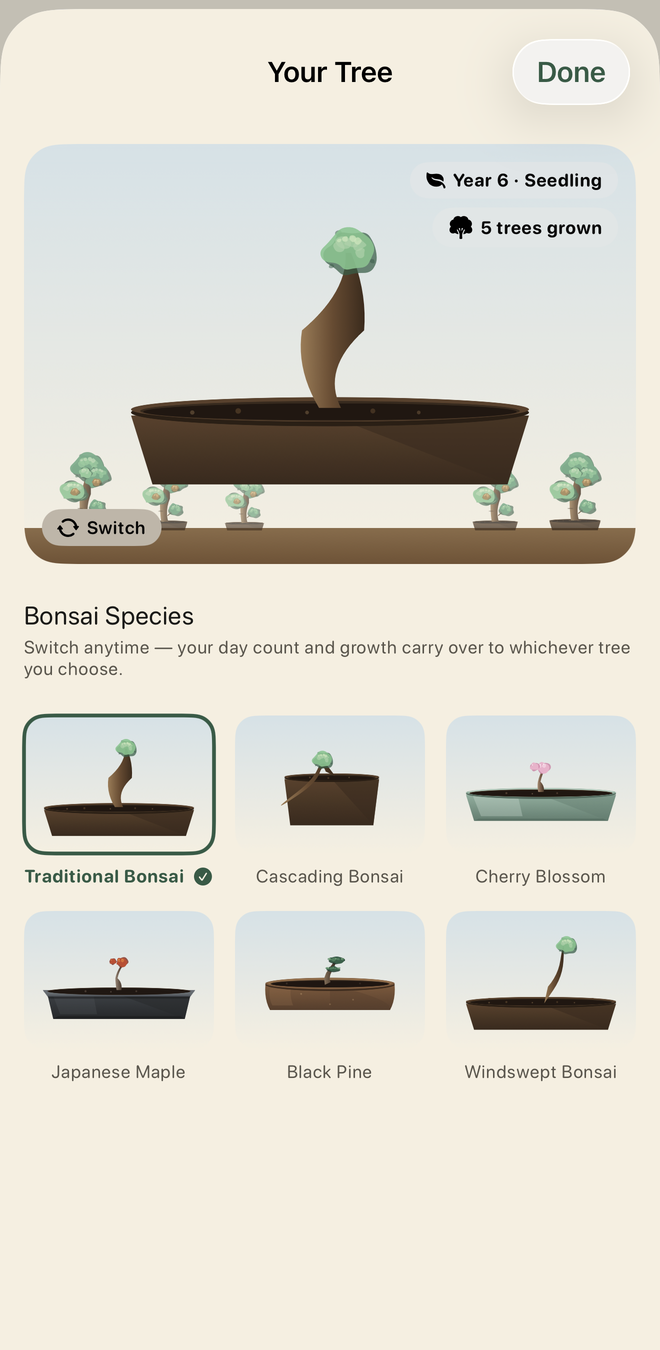 Bonsai species — choose from six tree styles as your streak grows