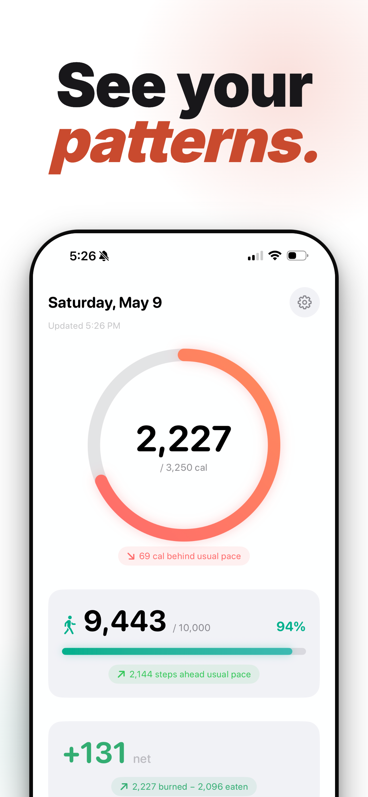 See your patterns. — 30-day calorie and step history with trends