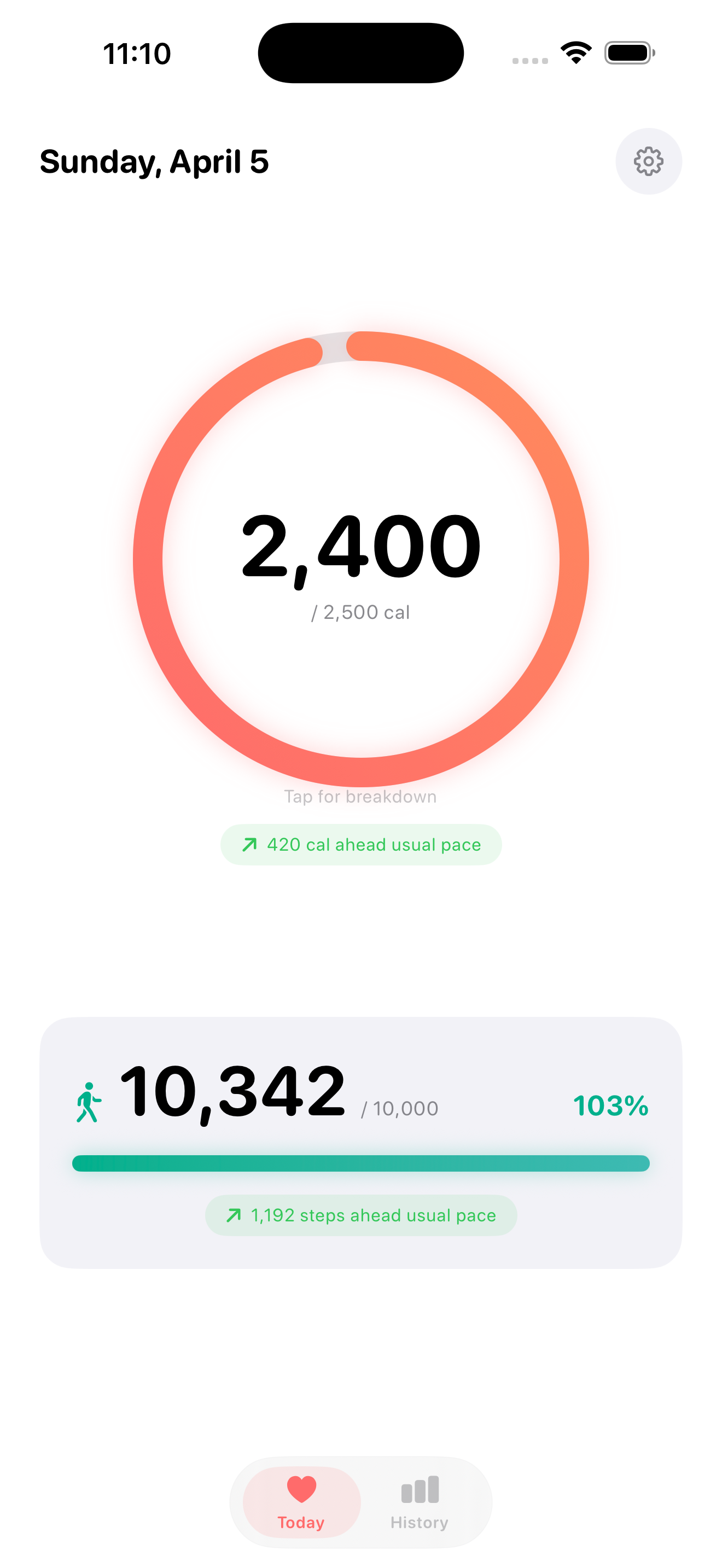 Total Calories dashboard with calorie ring and step count