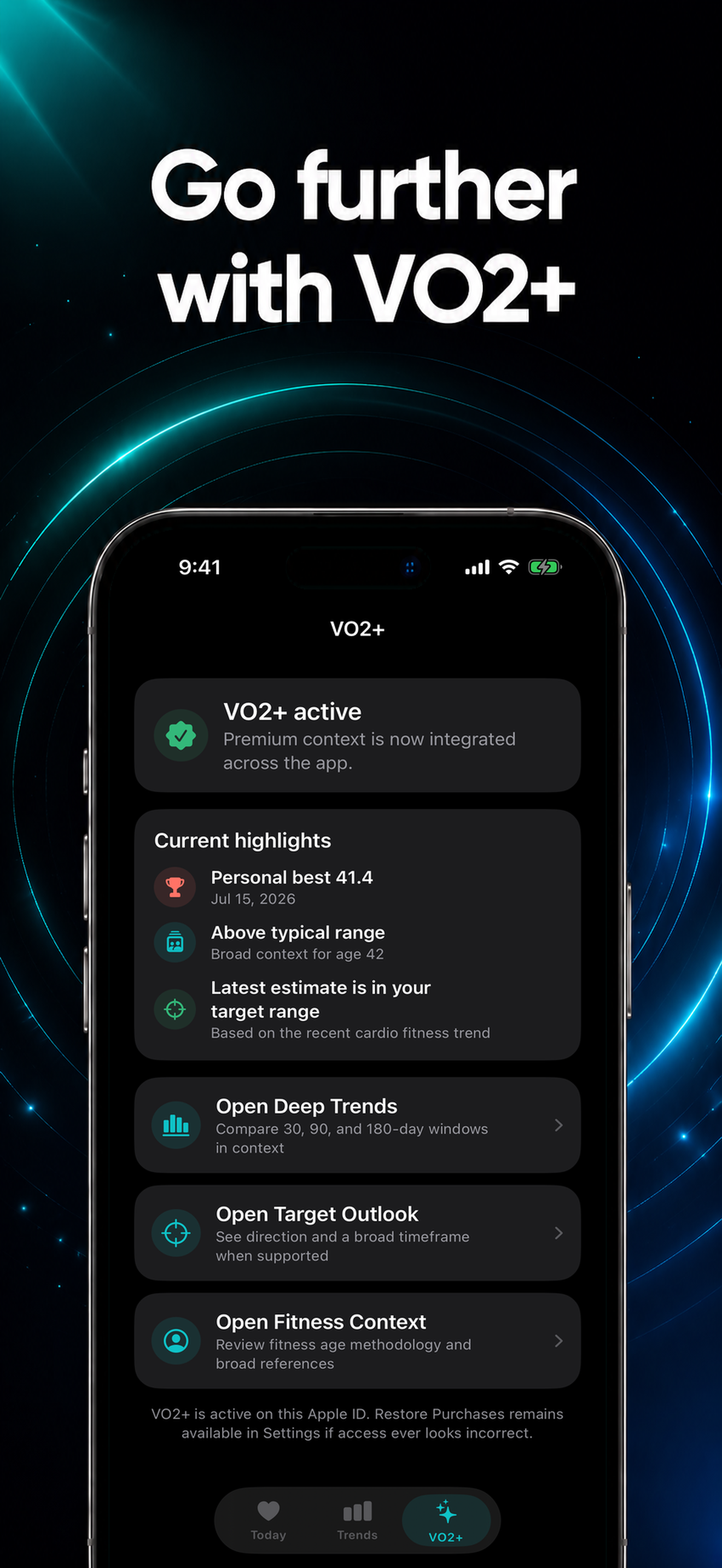 Go further. &mdash; VO2+ unlocks fitness age, targets, and full history